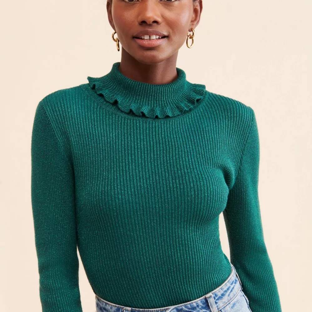 Urban Outfitters Frill Neck Green Metallic  Sweater